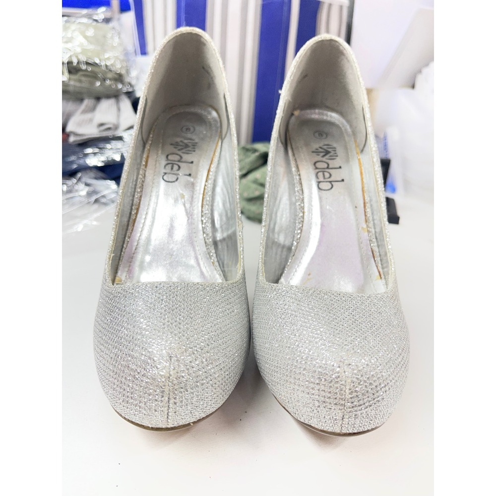 Deb Silver Glitter Rhinestone Heel Platform Pumps Womens Sz 8 Sparkly Prom Shoe